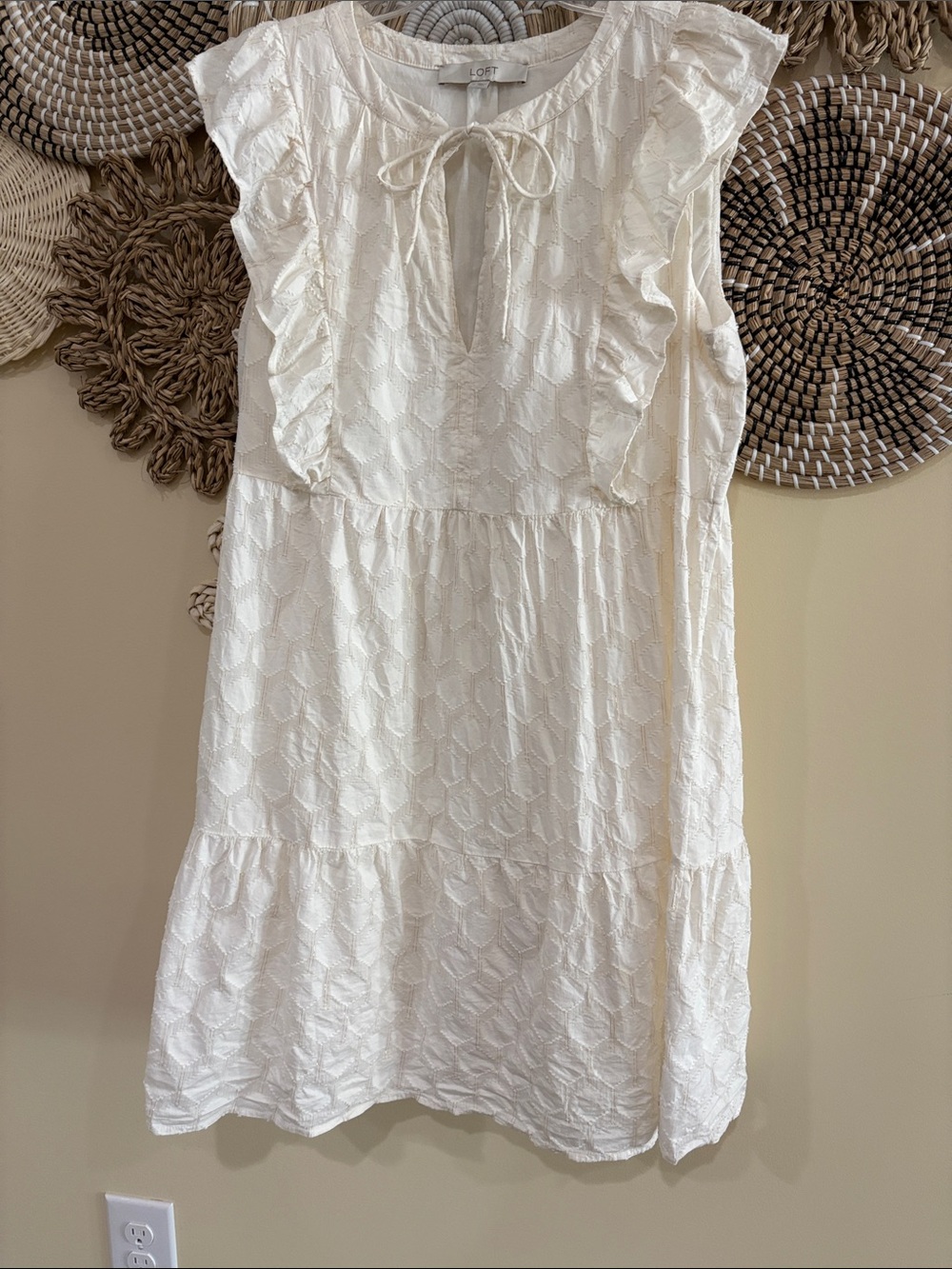 LOFT Cream Mini Dress. Medium. Geometric pattern and gold subtle sparkles.